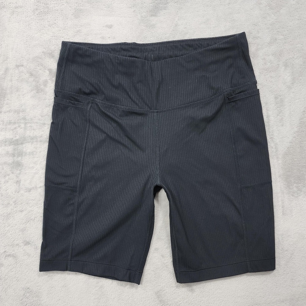 Mondetta Bike Shorts Womens L Black Ribbed High Rise Pockets Gym Workout Casual